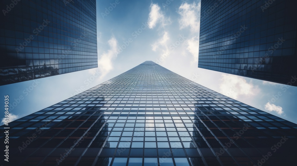 a wallpaper dekstop background photo of a modern office buildings skyscrapers taken from below with blue cloudy sky in the back. aspect ratio 16:9 . Generative AI
